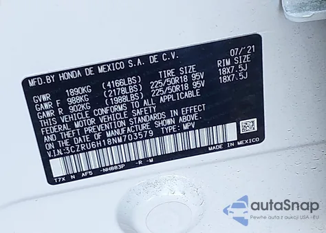 2022 Honda Hr-V Awd Sport from USA, damaged, VIN 3CZRU6H18NM703579